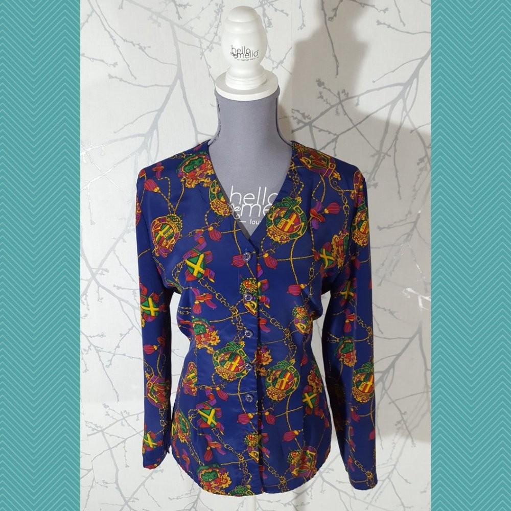 Lantana VTG Blue Royal Crests Printed Button Front V-Neck Blouse